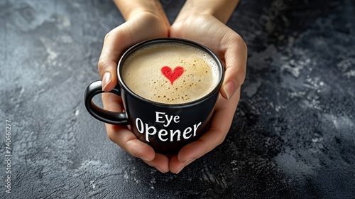 Morning concept  hands holding a coffee cup with  eye opener  text on mug to counter sleepiness. photo