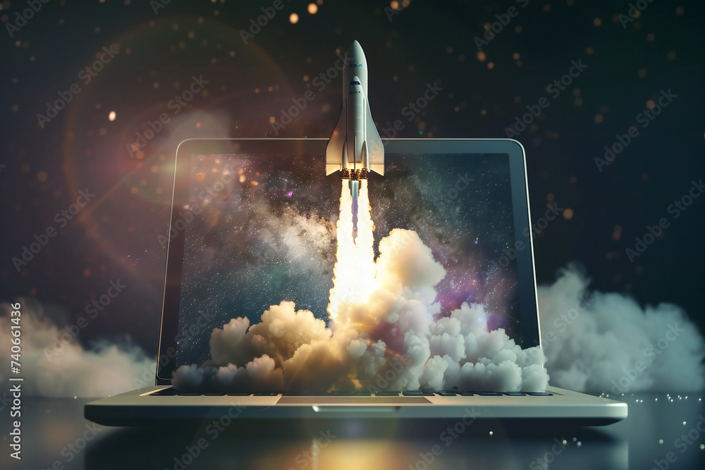 Launching a space rocket from a laptop screen. The concept of solving fast tasks on a modern laptop. Launching a successful business - obrazy, fototapety, plakaty 