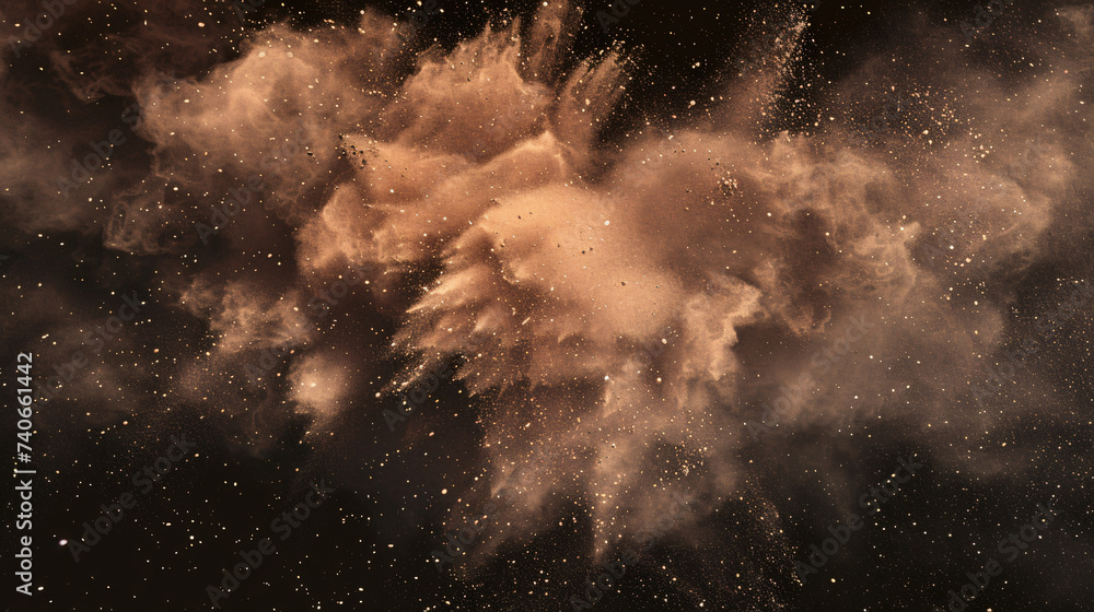 Abstract brown dust explosion on black background.