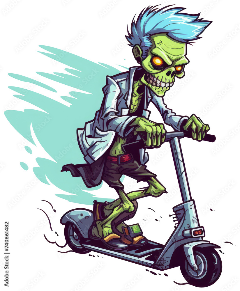 Zombie rides an electric scooter isolated cartoon style illustration with transparent background Zombie rides an electric scooter isolated cartoon style illustration with transparent background