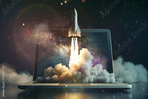 Launching a space rocket from a laptop screen. The concept of solving fast tasks on a modern laptop. Launching a successful business