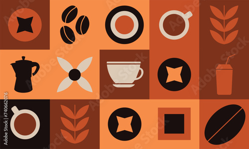 Geometric pattern coffee design. Seamless pattern for banner packaging card flyer poster cover. Texture for coffee packaging. Vector drawing design elements.