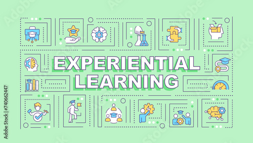Experiential learning green word concept. Hands-on experience, reflection. Typography banner. Flat design. Vector illustration with title text, editable line icons. Ready to use. Arial Black font used