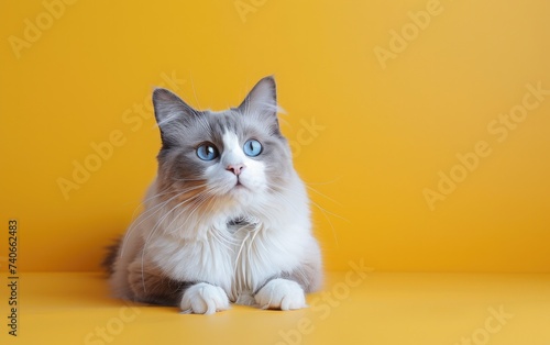 Gray and White Cat With Blue Eyes on Yellow Surface