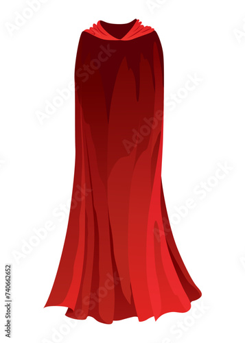 Superhero red cape in front view. Scarlet fabric silk cloak. Mantle costume or cover cartoon vector illustration