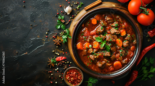 Tasty goulash in a pot on a beautiful dark background, simmering slowly to perfection. Enjoy the rich aroma and hearty flavors., Generative Ai