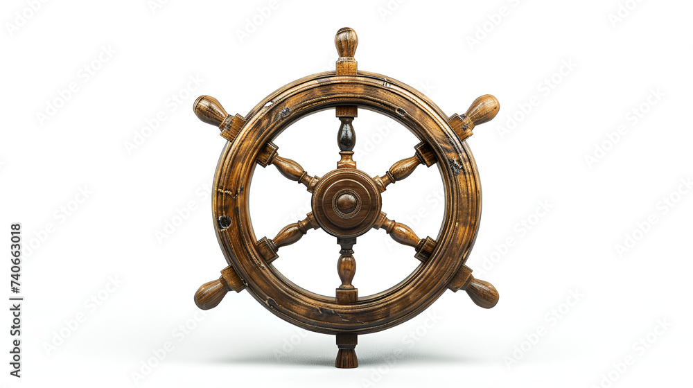 Wooden helm wheel isolated on white background. Generate captivating maritime imagery with Generative AI.

