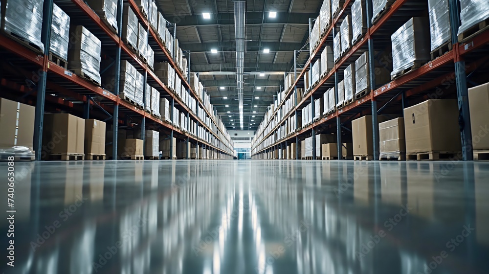Nobody in a warehouse storage room interior full of boxes and packages ...