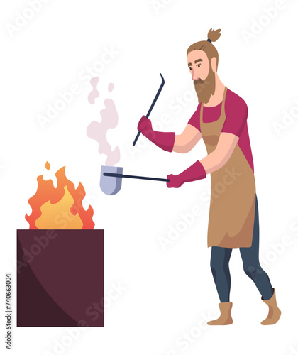 Blacksmith worker. Craftsmanship making steel tools. Character with hammer making goods in foundry workshop. Worker making some items. Vector cartoon person