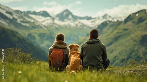 Rearview of a young woman and man sitting with their Golden Retriever dog pet on the grass meadow, outdoors in the mountains. Human's best friend, friendship, loyalty and trust, hiking couple outside