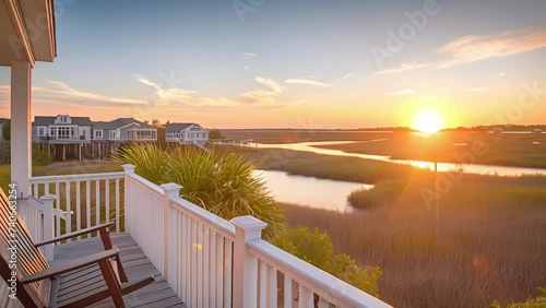 From the wraparound deck watch as the sun sets over the tranquil marsh casting a golden glow over the stilted homes in the distance. photo
