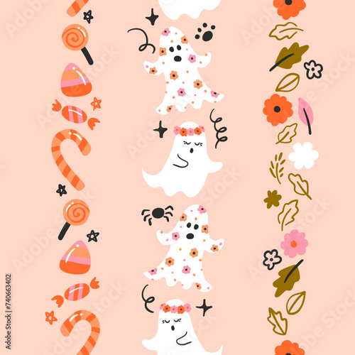 Cute Halloween Items Vector Seamless Vertical Borders Set
