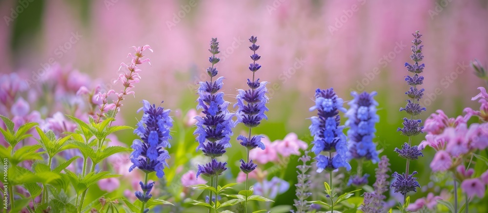 Naklejka premium Beautiful Blue Flowers Blossoming in a Serene Garden Setting with Lush Greenery