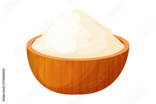 Wooden bowl with flour, wood plate isolated on white background. Baking raw powder grain. photo