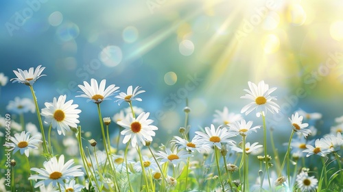 Portrait white daisy blossom flower field with sunshine on blur background. generative AI image