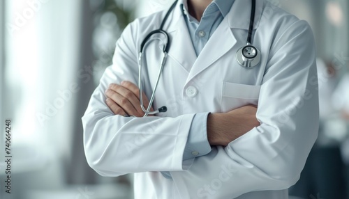 Doctor wearing stethoscope in hospital on white blurred background with copy space