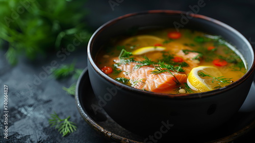 Salmon fish soup with dill and lemon in a dark bowl on a rustic wooden table, showcasing the vibrant colors and fresh ingredients, Generative Ai

