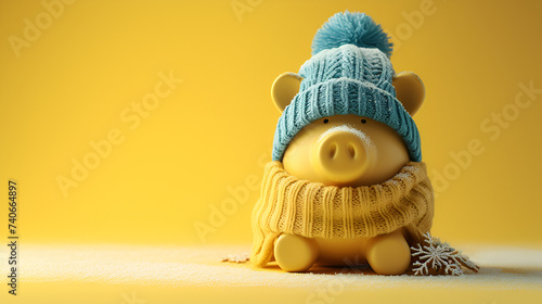 Yellow piggy bank with hat on empty yellow background, Generative Ai - Save your pennies with style and flair! A delightful addition to your savings routine.

 photo