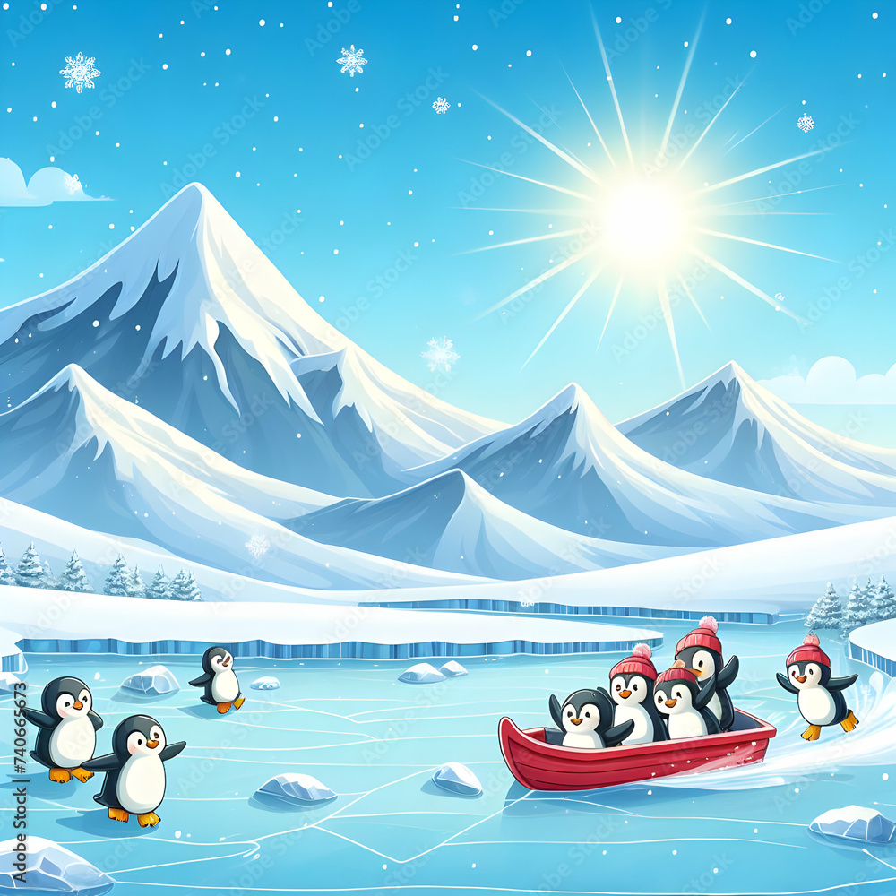 A landscape with snow, mountains, and a frozen lake. The sky is clear and blue, and the sun is shining brightly. A group of penguins are sliding on the ice and having fun., boat, water, Ai generated 