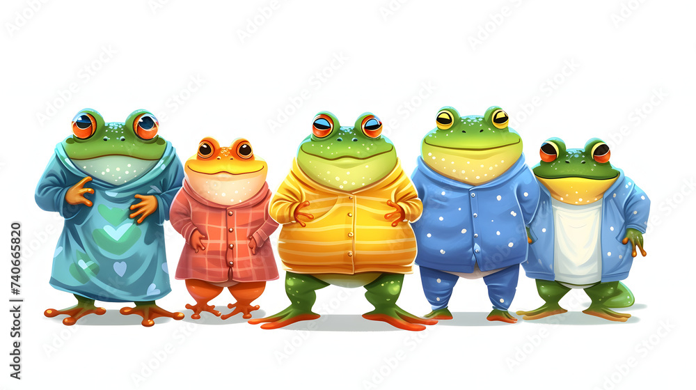 パジャマを着たかわいい蛙のグループのイラスト