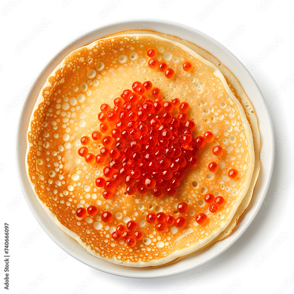 Top view Red Caviar Pancakes, Caviar Crepes isolated on white background Top view Red Caviar Pancakes, Caviar Crepes isolated on white background