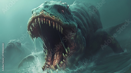 Sea monster opens its jaws, revealing menacing teeth in a fantastical underwater world, evoking awe and fear, Generative Ai.