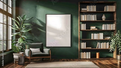 A mockup poster blank frame hanging on a deep forest green wall  above a stylish open-back bookcase  Minimalist-style living area