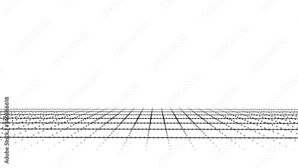Vector abstract technology perspective grid. Detailed wireframe landscape with lines on black background. Digital space with mesh. - obrazy, fototapety, plakaty 