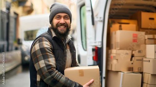Smiling delivery man, carrying or holding a cardboard box. Courier service or job career, happy male responsible for shipping, van full of orders packages, male employee © Nemanja