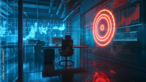 Red circular virtual, digital hologram target in empty modern office room interior. Business growth strategy success, income rising, progress and achievement for a company economy, hit or miss a goal