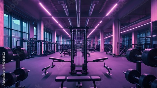 Wide angle photography of an empty modern gym room interior full of weights, bars and racks. Strong artificial purple lighting illuminating the room, nighttime shadows, no people, nobody.