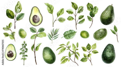 Set of branches of delicious ripe avocados cut out on a rustic wooden background, perfect for healthy eating concepts and food blogs, Generative Ai.

 photo