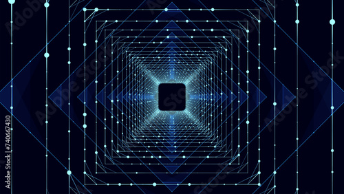 Fototapeta Naklejka Na Ścianę i Meble -  Cyber futuristic speed tunnel. Sci-fi vector wormhole. Abstract 3D wireframe portal with connections lines and dots. Data flow. Technology grid funnel.