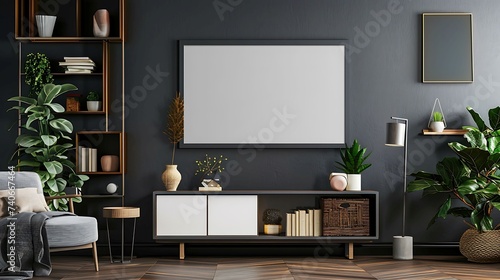 A mockup poster blank frame hanging on a chic charcoal gray accent wall, above a sleek modular shelving unit, Minimalist-style living area