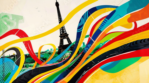 View of the Eiffel tower, Paris France with abstract colorful flowing lines