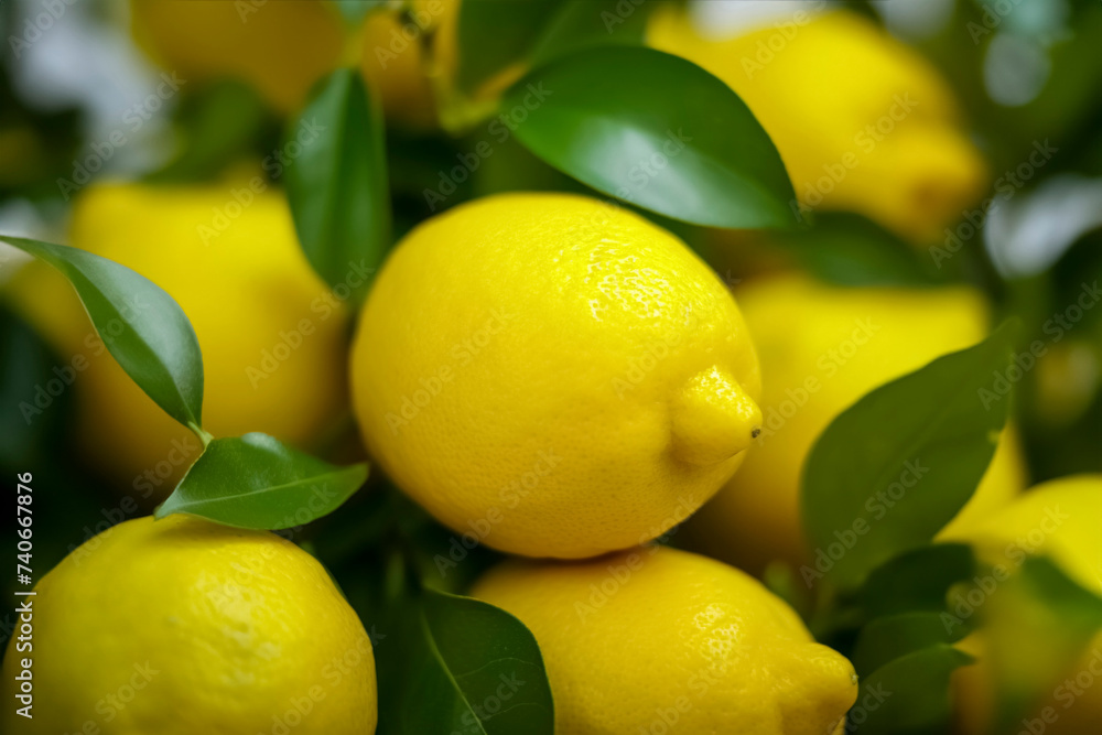 bunch of lemons with green leaves