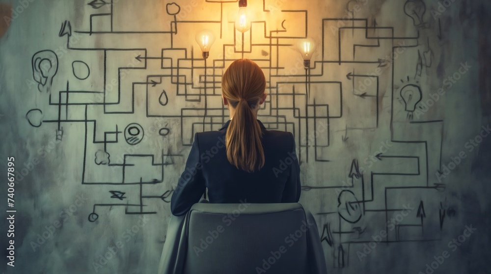 Rearview of the businesswoman sitting in a chair, looking at the labyrinth or maze puzzle drawings on the wall and lightbulbs glowing. Strategy for company success, employee thinking about a solution