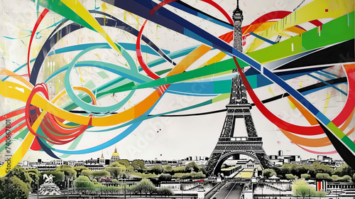 View of the Eiffel tower, Paris France with abstract colorful flowing lines