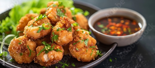 Fried shrimp served with a bowl of dipping sauce, a delicious dish made with fresh seafood, deepfried to perfection photo