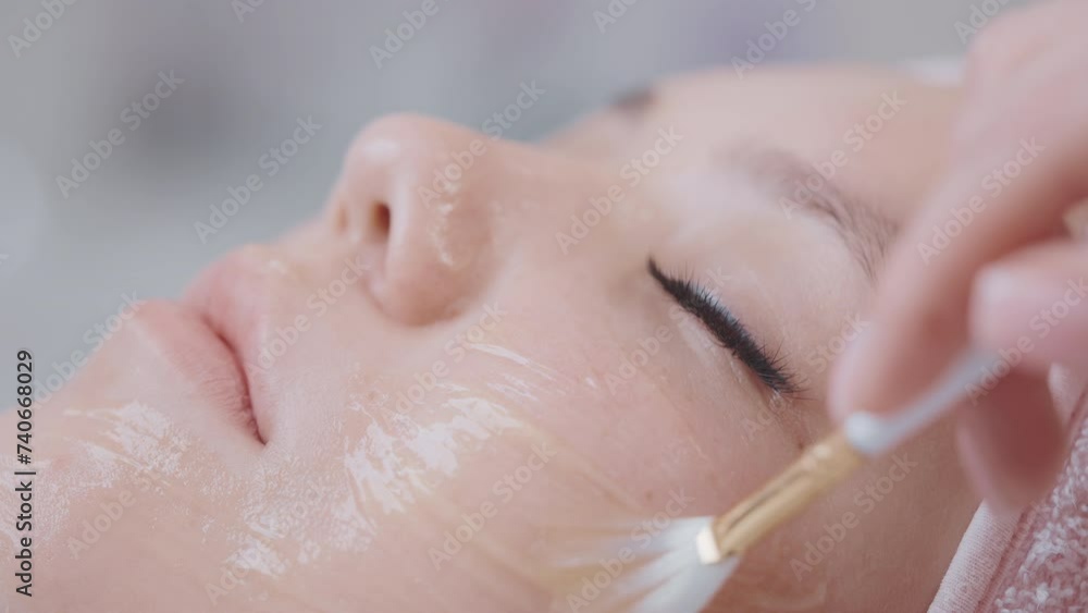 Close-up brush in cosmetologist's hands applies gel mask on woman's face. Close-up brush in cosmetologist's hands applies gel mask on woman's face.