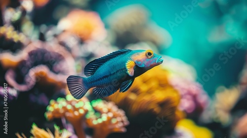 Colorful blenny fish swimming among vibrant corals in a saltwater aquarium setting photo