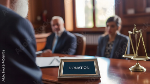 Deux personnes assies au bureau d'un notaire dans le cadre d'une donation d'un pea en bourse. photo