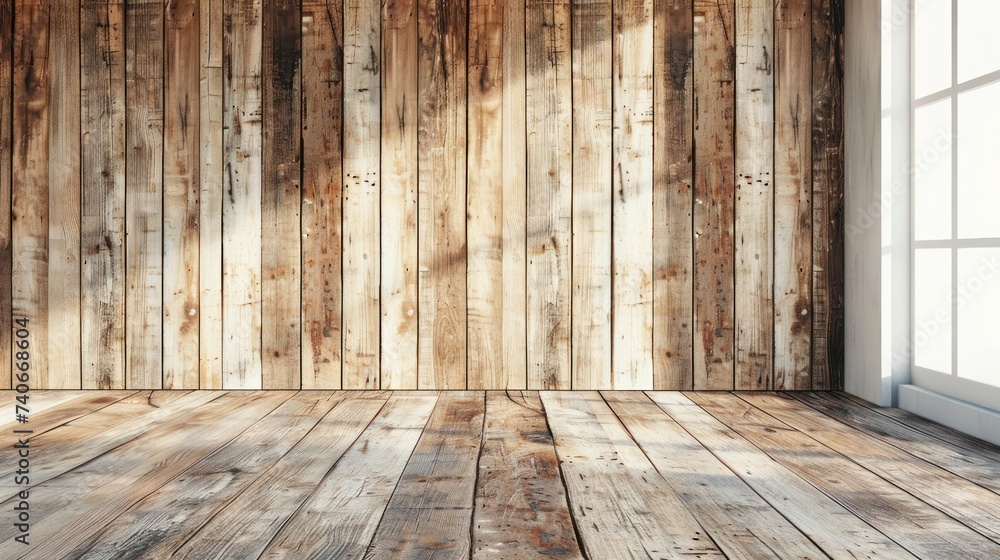 Naklejka premium Rustic charm captured in the interior of a cabin with rich wooden wall and floor panels, exuding warmth and coziness