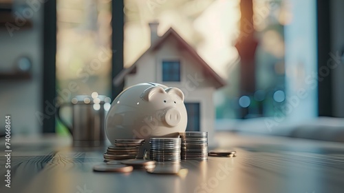 web banner, house model, piggy bank, coin stack, blurred background