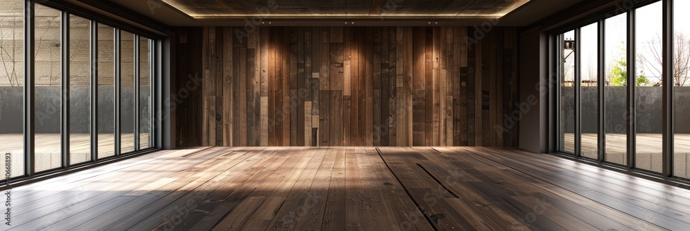 Rustic charm captured in the interior of a cabin with rich wooden wall and floor panels, exuding warmth and coziness - obrazy, fototapety, plakaty 