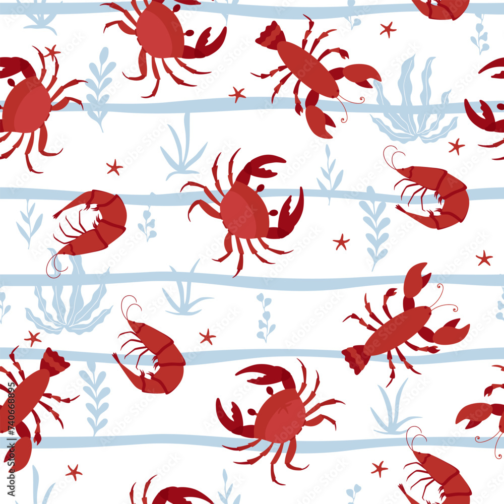 Obraz premium Cartoon lobsters, shrimps, crab, with algae and starfish. Marine seamless pattern