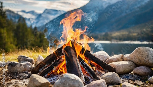 Campfire bonfire surrounded by rocks. Burning logs. Tongues of flame. Wood charcoal. Mountain landscape