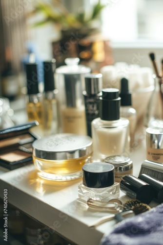 A luxurious collection of high-end beauty products and makeup on a sophisticated vanity setup.