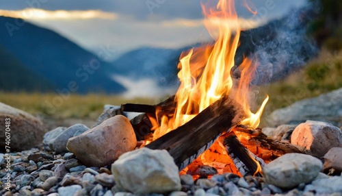 Campfire bonfire surrounded by rocks. Burning logs. Tongues of flame. Wood charcoal. Natural mountain landscape