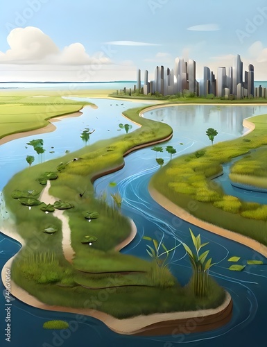 visual representation of nature based solutions, such as restored wetlands, to mitigate climate change, environment concept, Generative AI